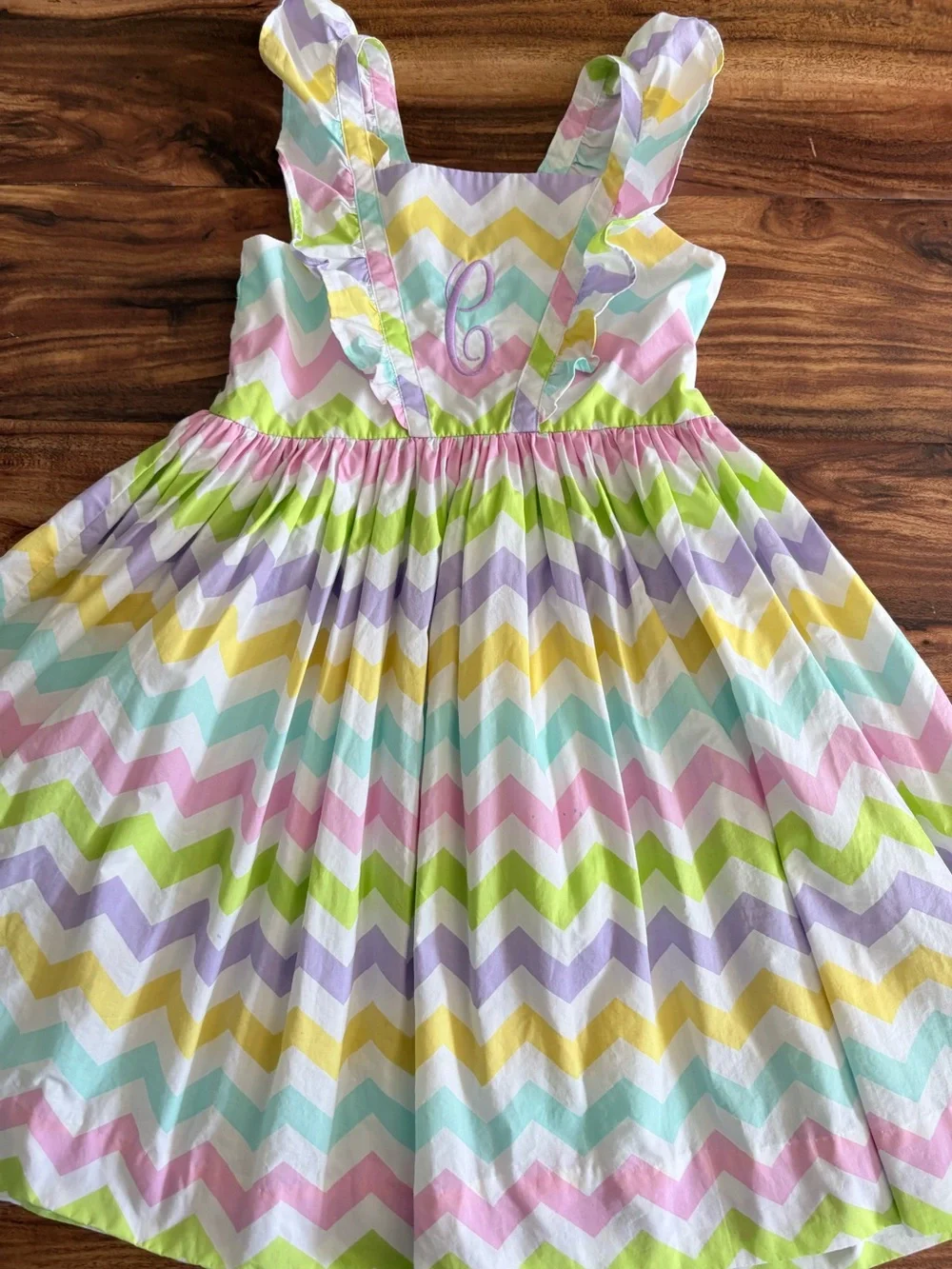 Kelly’s Kids Vintage Girls Pastel Chevron Stripe Easter Dress “C” Monogram 6 7